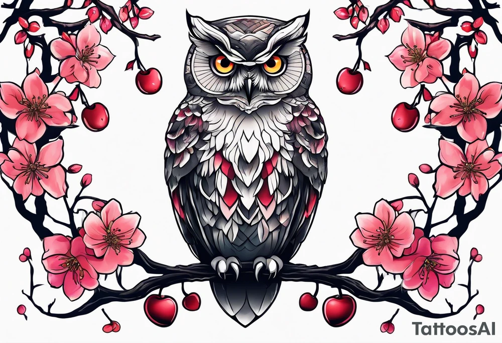 Owl and cherry blossoms tattoo idea