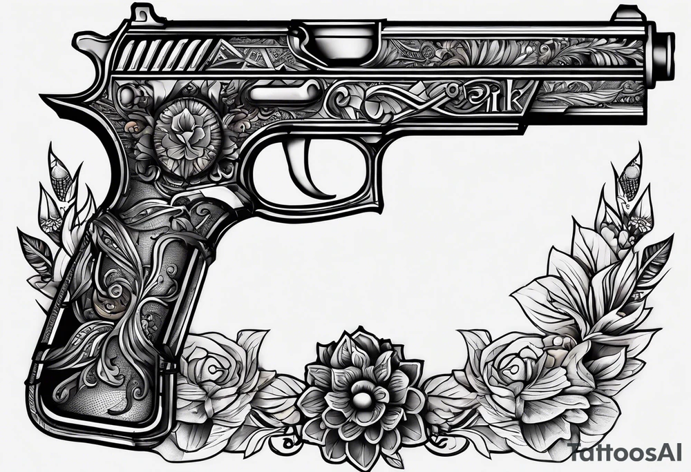The letters AR with a pistol on each side and the word always on the top and ready on the bottom tattoo idea
