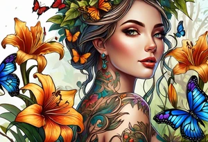 Wood nymph made or bark and branches standing upright. Full body view and curvy. Butterflies in background. Lillies near her feet with colorful vegetation. tattoo idea