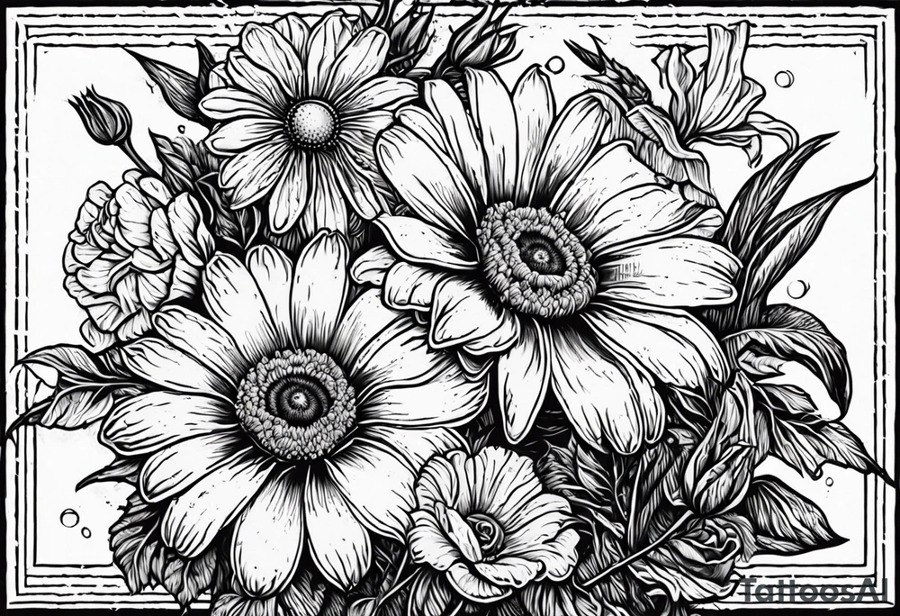 A vintage vertical design of a daisy and a rose with gladiolus flowers and poppies weaving through the daisy and rose tattoo idea