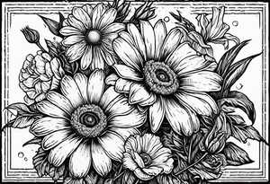 A vintage vertical design of a daisy and a rose with gladiolus flowers and poppies weaving through the daisy and rose tattoo idea