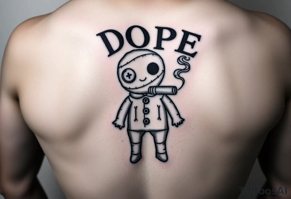 Stitched up rag doll with a button as one eye and some thread as the other. Holding some money in one hand and a cigar in the other hand. Smoke pouring off the cigar with the cloud of smoke above spelling out the word DOPE tattoo idea