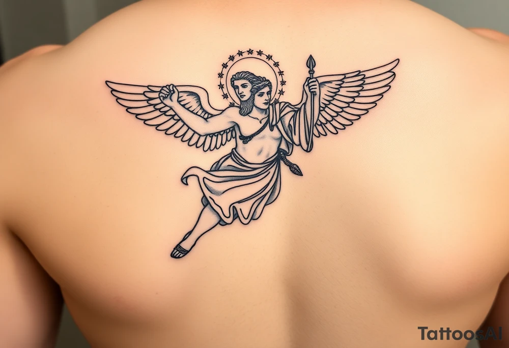Hermes, Greek god, fine-line black & grey tattoo, flying with winged sandals, holding caduceus. Two faces representing Gemini subtly in cloak or halo. Drama masks (comedy & tragedy) integrated subtly. Greek motifs like olive branches, geometric patterns, subtle architecture as background. Elegant, symbolic, harmonious, detailed line art for forearm or upper arm tattoo. tattoo idea