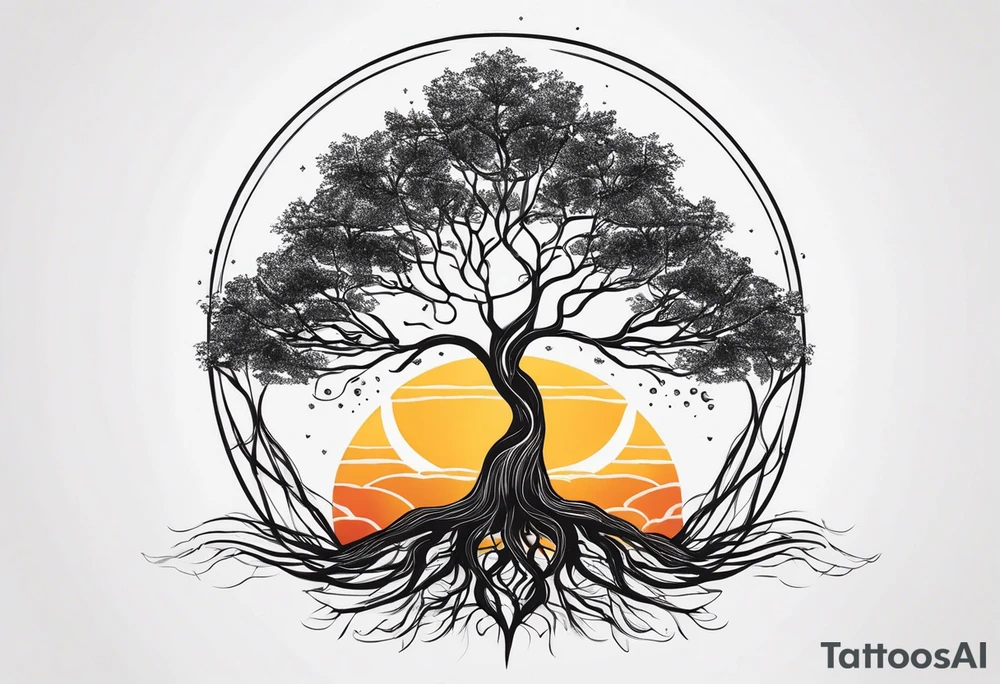 Tree with deep roots, the tree is holding the sun and the moon tattoo idea
