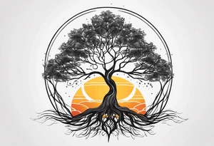Tree with deep roots, the tree is holding the sun and the moon tattoo idea