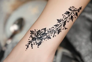 Indian style Henna tattoo for the inner wrist include the word pain in small font tattoo idea