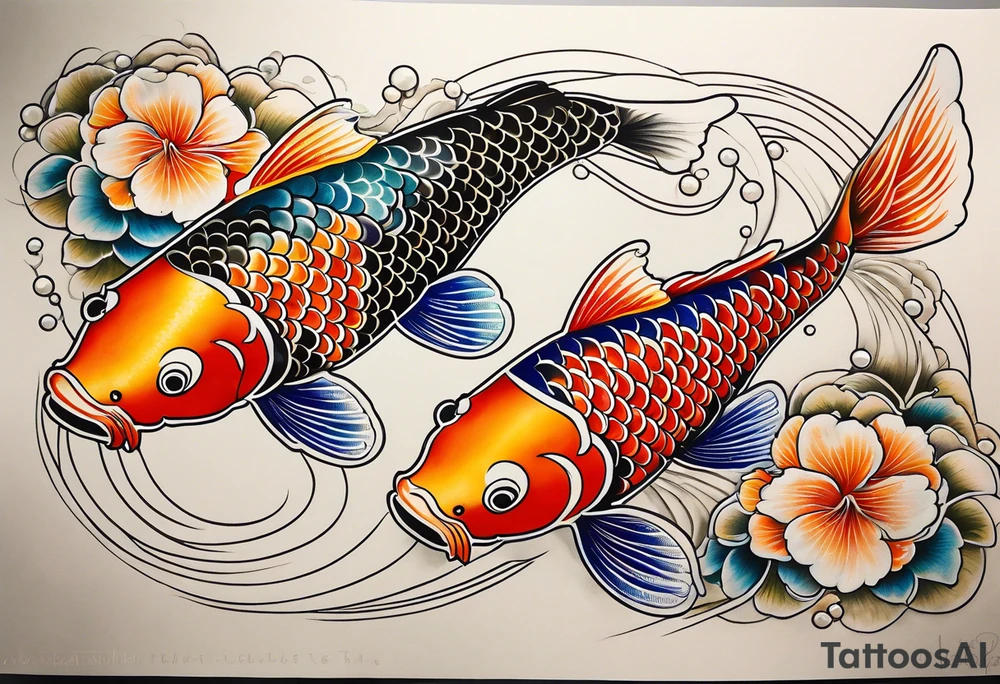 koi fish with a little narrow body, elongated fins, trimmed with pearls, ginko leaves around, gradient lines tattoo idea