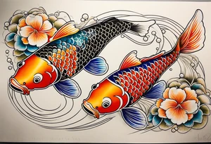 koi fish with a little narrow body, elongated fins, trimmed with pearls, ginko leaves around, gradient lines tattoo idea