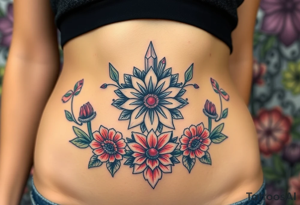 psychedelic  tattoo with crystals and  mandala style flowers and mushrooms under boobs tattoo idea