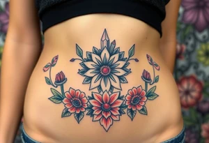 psychedelic  tattoo with crystals and  mandala style flowers and mushrooms under boobs tattoo idea