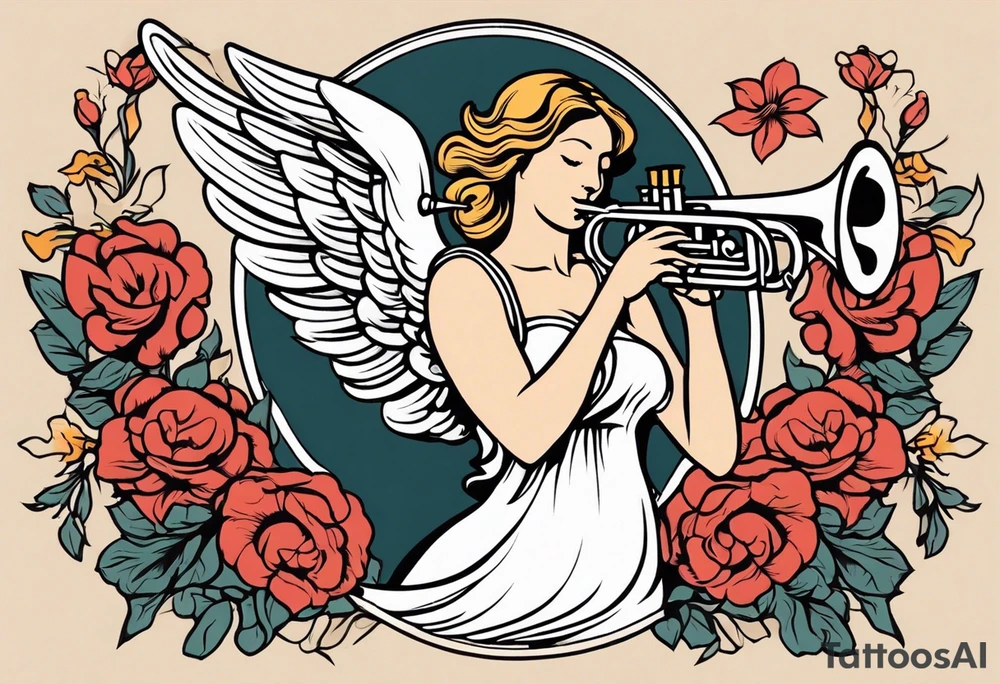 angel with trumpet
old school vintage simple traditional design with vintage flowers surrounding it bold color tattoo idea