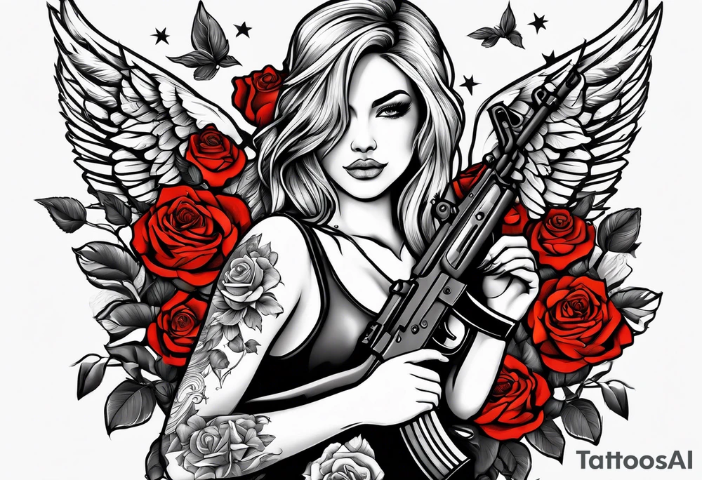 Beautiful angle with tattoos surrounded by roses holding a ak 47 tattoo idea