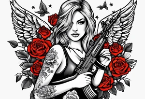 Beautiful angle with tattoos surrounded by roses holding a ak 47 tattoo idea