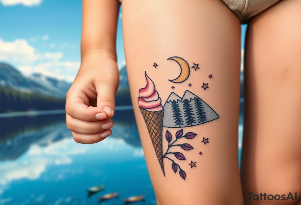 Little blond girl holding an ice cream cone but the ice cream has fallen off in front of a lake and mountain tattoo idea