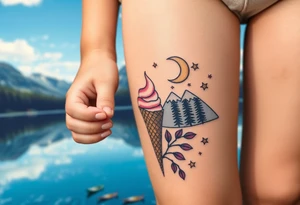 Little blond girl holding an ice cream cone but the ice cream has fallen off in front of a lake and mountain tattoo idea