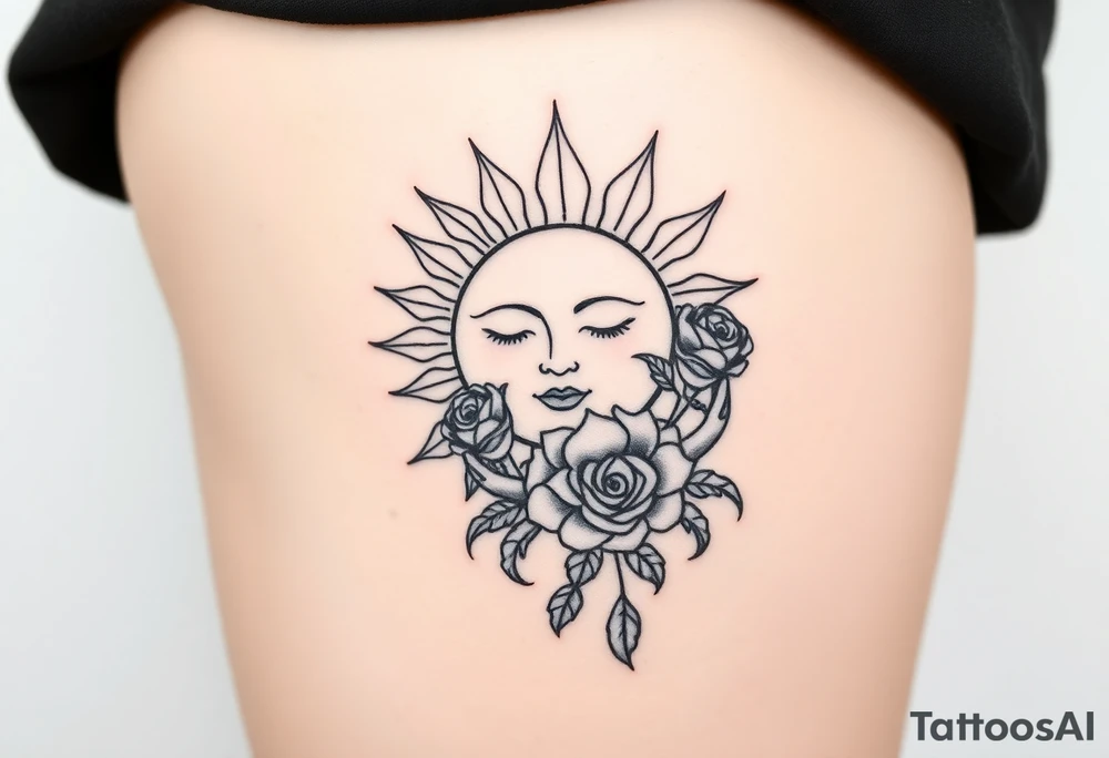 Sun with simple face, rose, and crab traditional old school tattoo idea