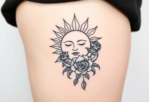 Sun with simple face, rose, and crab traditional old school tattoo idea