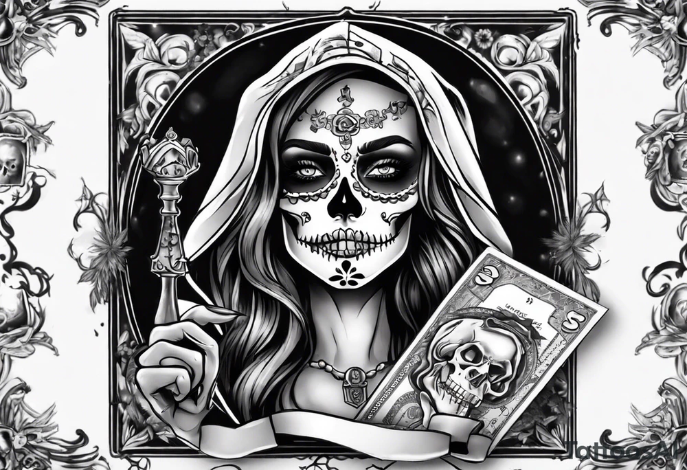 santa la muerta with money and crown
on the card tattoo idea