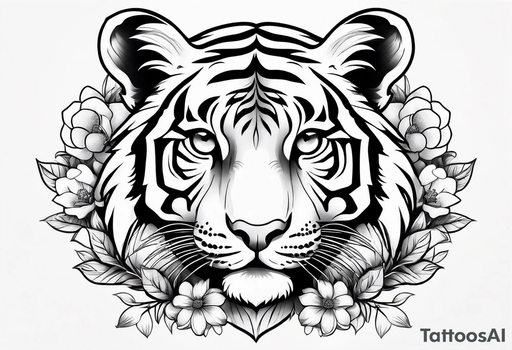 cute tiger with flowers tattoo idea