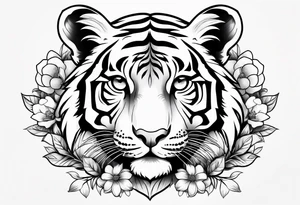 cute tiger with flowers tattoo idea