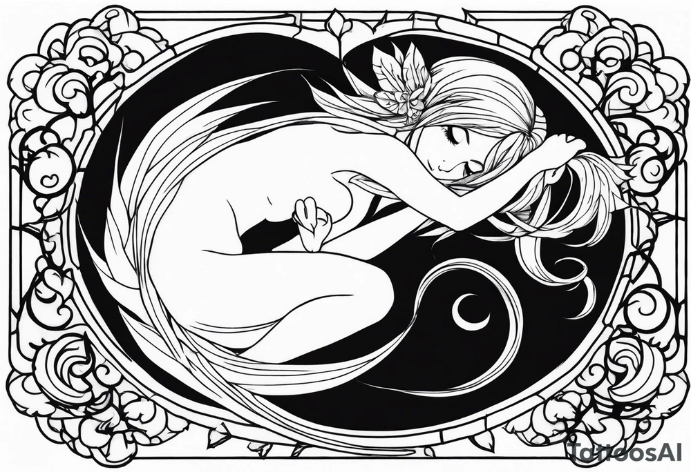 No color fairy with a tail inspired by the logo of the anime show called Fairy Tail in a fetal position leaning in and forward while sleeping tattoo idea
