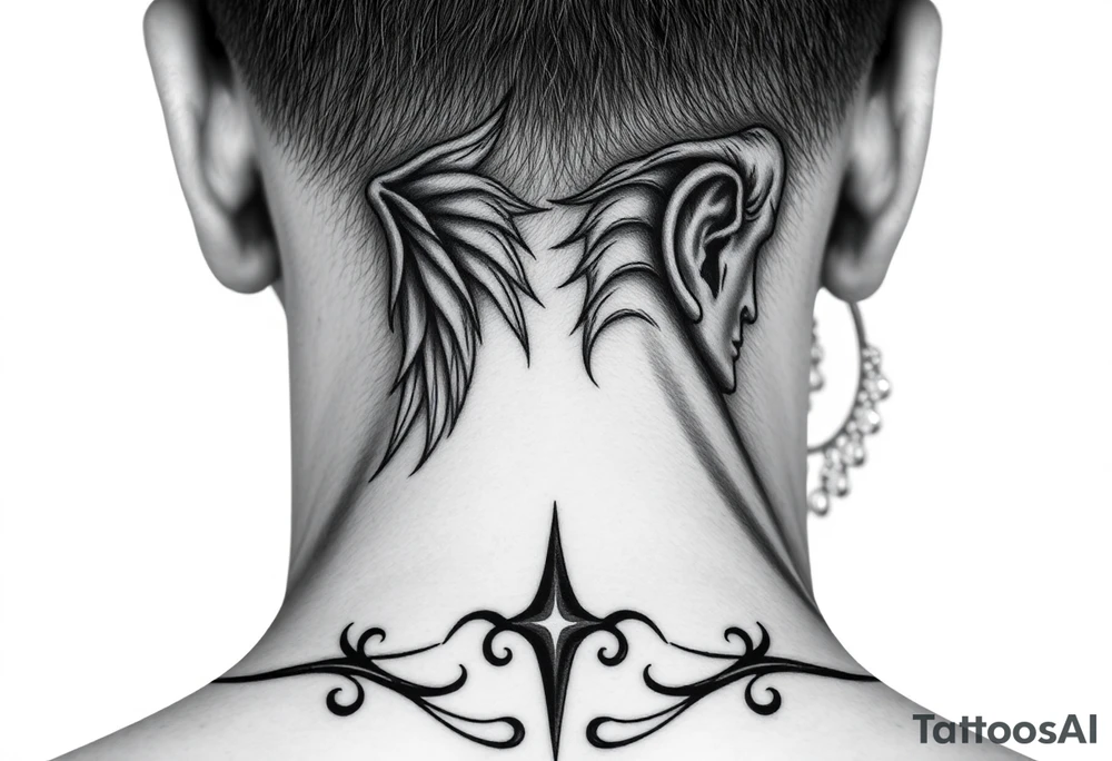 position behind the neck Angel (on the right) whispering in the right ear, demon (on the left) whispering in the left ear. It must be as realistic as possible. tattoo idea