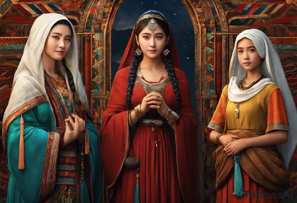 3 female people standing next to each other. The one on the left is a young girl, the one in the middle is a mature woman, the one on the right is a very old woman. They are looking forward.
There are 3 weavers. They symbolize the moirs, old goddesses of destiny. tattoo idea