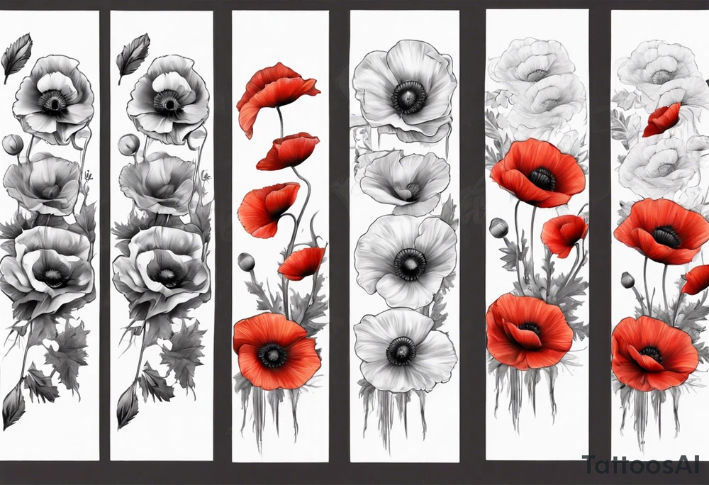 arm Sleeve with 14 poppies, one black and white. military themed tattoo idea