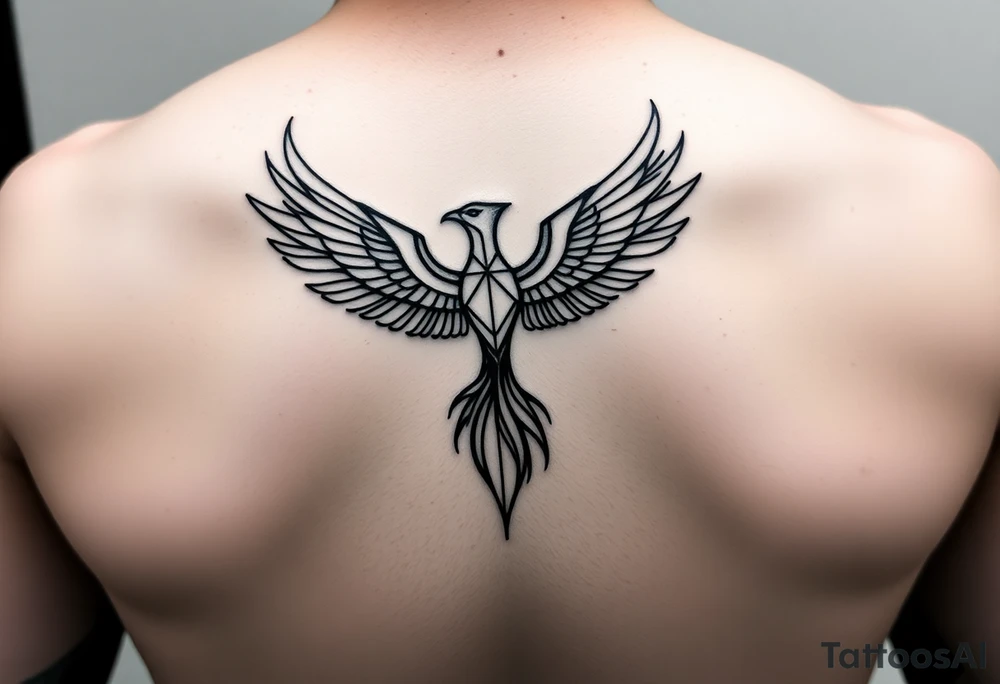 Infinity loop transforming into a geometric phoenix in flight. Smooth continuous black lines, minimalist, symbolic of transcending highs and lows and staying centered through all of life’s changes. Wings made of subtle triangles and flowing lines. Represents eternal resilience and emotional balance.

Vibe: emotional intelligence, grounded rebirth, quiet resilience.
Style tags to use: infinity symbol, geometric linework, minimalist, phoenix, continuous line tattoo. tattoo idea