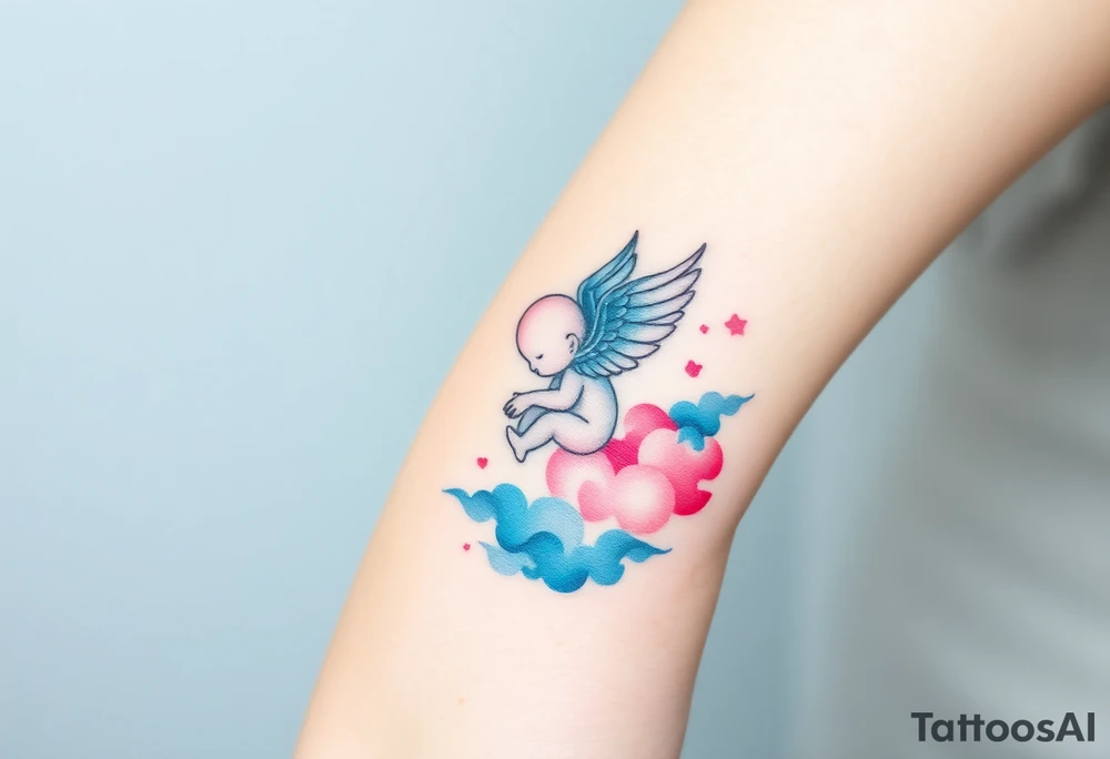 Winged baby, blue and pink watercolor, clouds tattoo idea