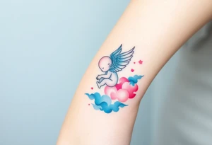 Winged baby, blue and pink watercolor, clouds tattoo idea