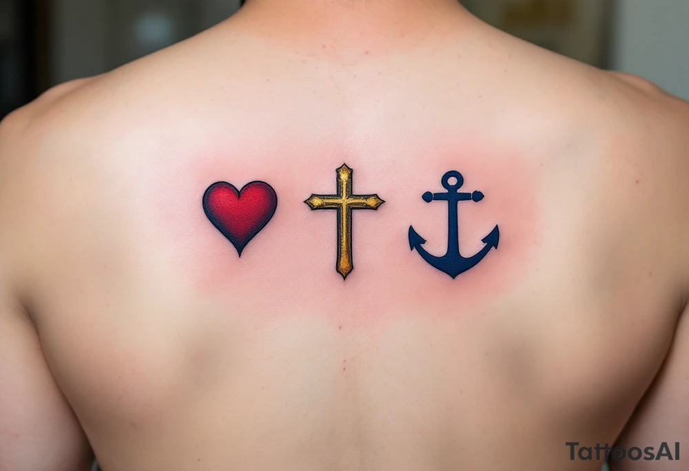Fine-line black cursive sitting above three matching symbols: a crimson heart, golden cross, and deep blue anchor. tattoo idea