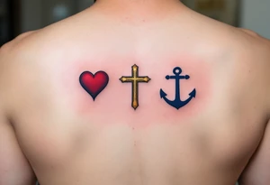 Fine-line black cursive sitting above three matching symbols: a crimson heart, golden cross, and deep blue anchor. tattoo idea