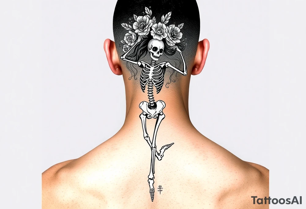 Feminine dancing skeleton with floral flowing hair tattoo idea