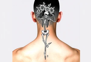 Feminine dancing skeleton with floral flowing hair tattoo idea