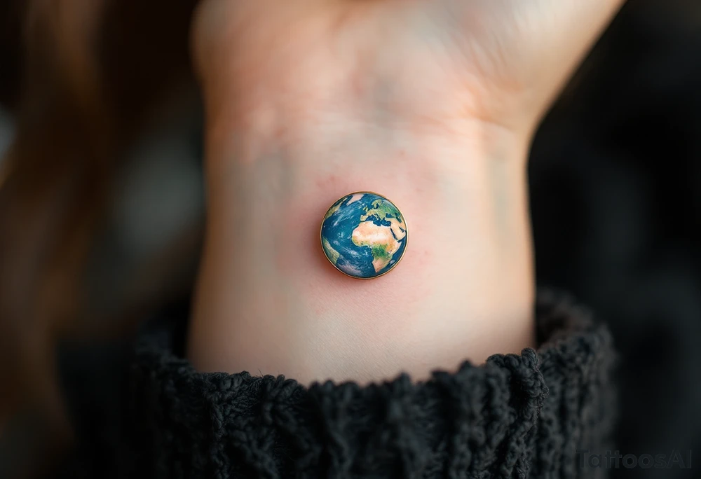 A tiny Earth in subtle sky blue and seafoam green is encased in a thin gold ring like a pendant. tattoo idea