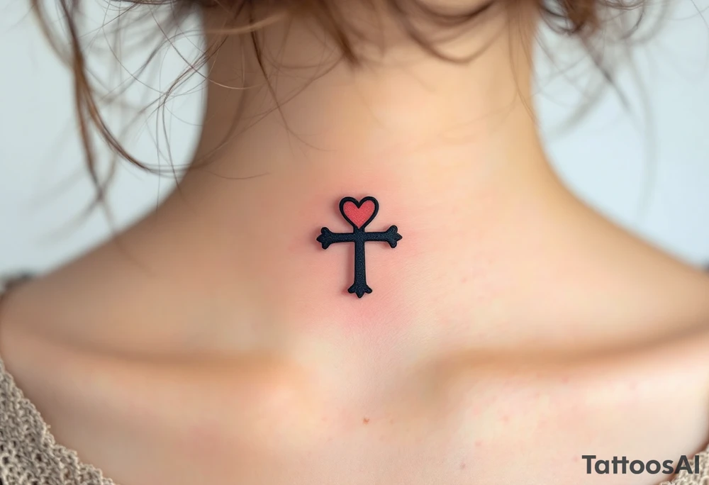Heart-shaped Cross – A tiny black cross with the top part shaped like a heart, surrounded by soft red and pink hues, symbolizing love and devotion in middle of a neck. tattoo idea