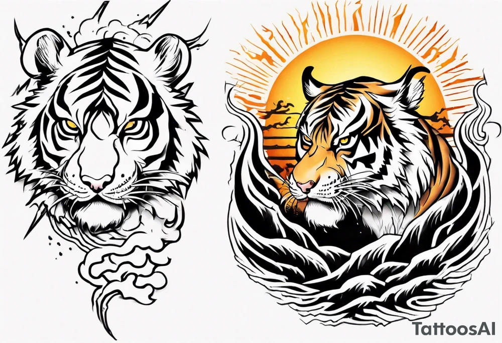 Tiger with lightning and the sun in the background for a forearm tattoo tattoo idea
