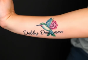 A tattoo on the forearm with the name Debby Deguzman with a humming bird and a rose tattoo idea