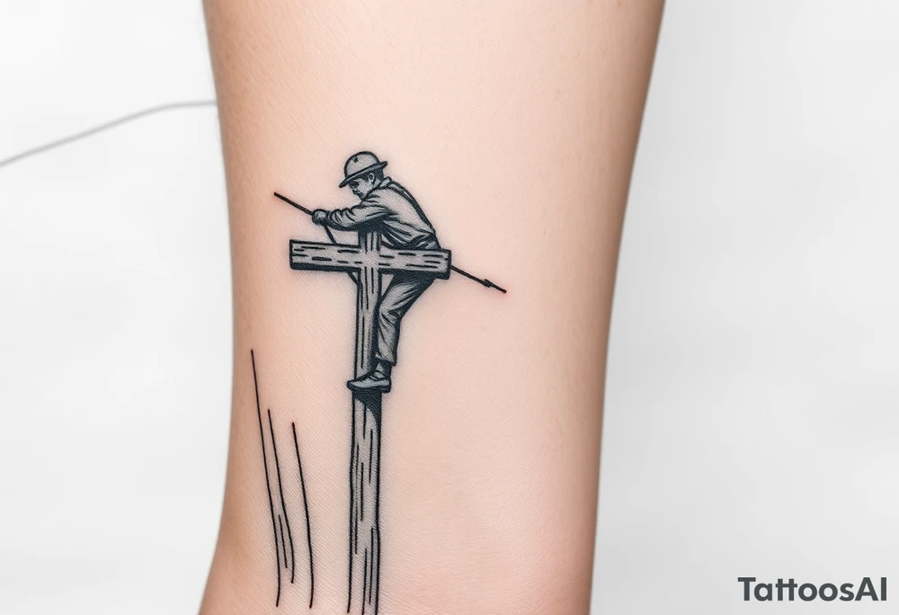 power lineman climbing a wooden 12kv pole. Make the pole a cross that has a hidden resemblance to god. tattoo idea