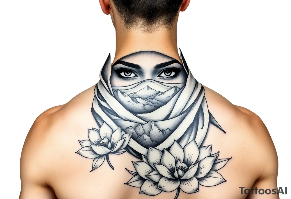 Arab woman with scarf over face with mountains lotus flowers and el paso tx culture tattoo idea