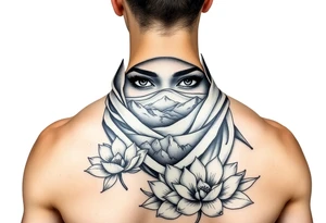 Arab woman with scarf over face with mountains lotus flowers and el paso tx culture tattoo idea