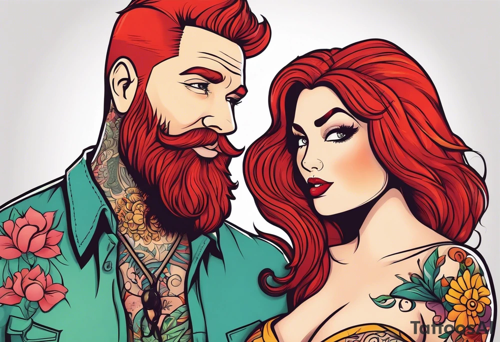 Busty red haired woman with a bearded man who has black hair tattoo idea