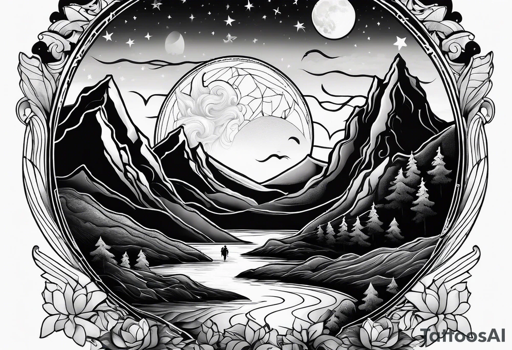 nature with mountains, waterfall, water, and a father and son in the background and and moon/sun in the sky with stars tattoo idea