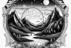 nature with mountains, waterfall, water, and a father and son in the background and and moon/sun in the sky with stars tattoo idea