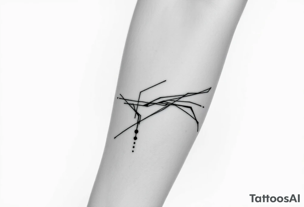 Abstract black line tattoo for a male, inner forearm wrapping the elbow.
Irregular broken lines, controlled sharp curves, sketch-like technical flow, minimal dot accents.
Raw, structured, non-delicate, inspired by motion traces.
Black ink only, no shading, realistic tattoo reference. tattoo idea