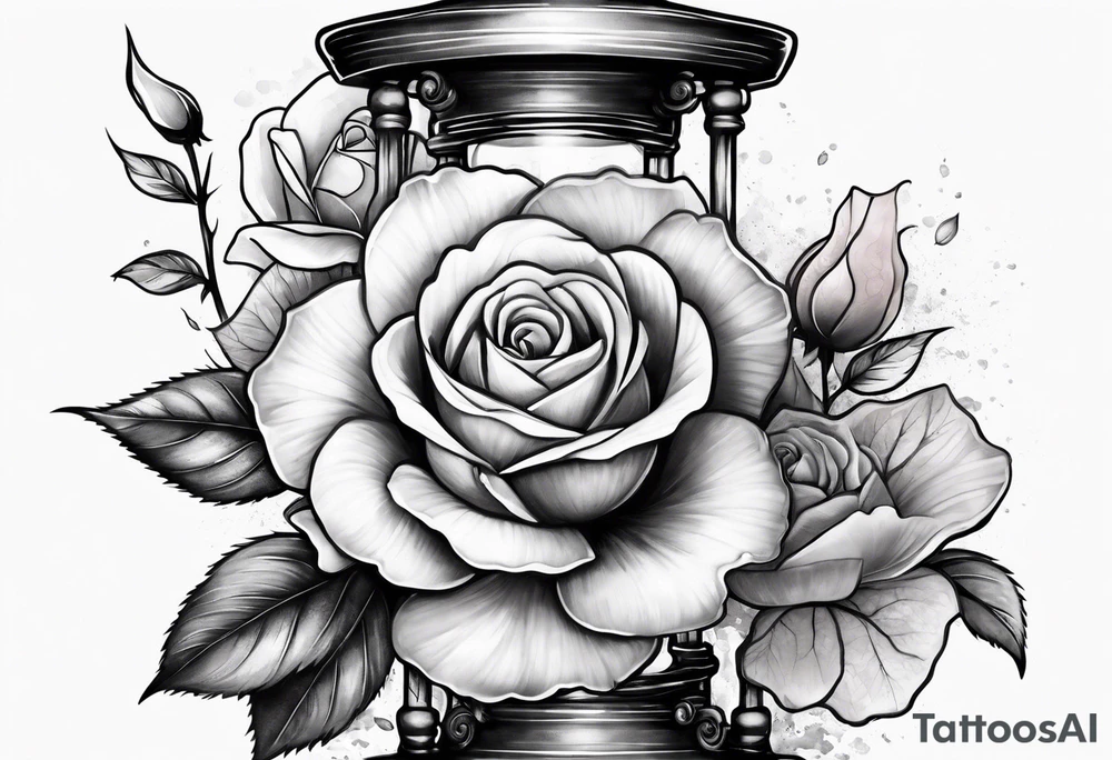 Rose on hourglass with sakura tree inside tattoo idea