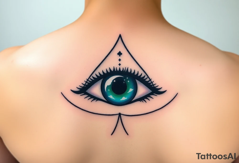 Large almond shaped outline of an eye with an eyeball in the shape of an ace of spades long black eyelashes eyecolored greenish blue vivid colors like green blue purple with a crescent moon stars and clouds inside of the eyeball tattoo idea