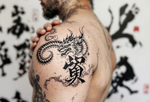 The characters 駲墸壥閠妛袮暃挧彁椢槞蟐 down one arm. With japanese style background tattoo idea