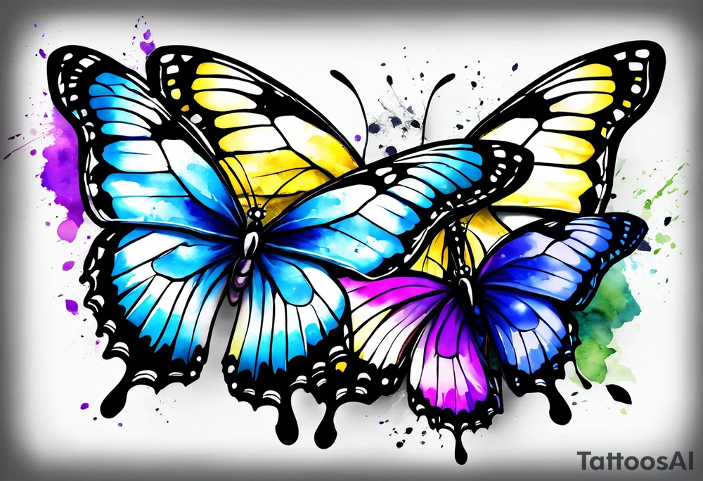 Three butterflies, two colorfull, one bw. Aquarelle tattoo. Colours blue, violet, green, yellow. tattoo idea